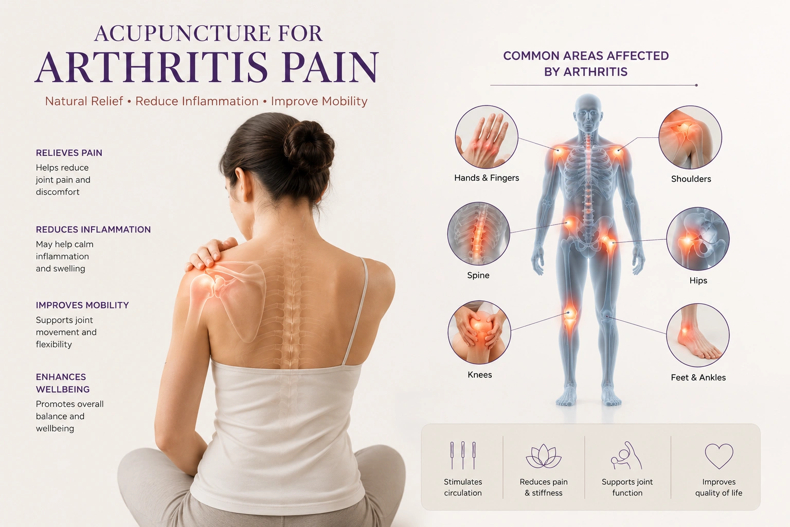 Arthritis pain illustration showing acupuncture support for joint pain and stiffness