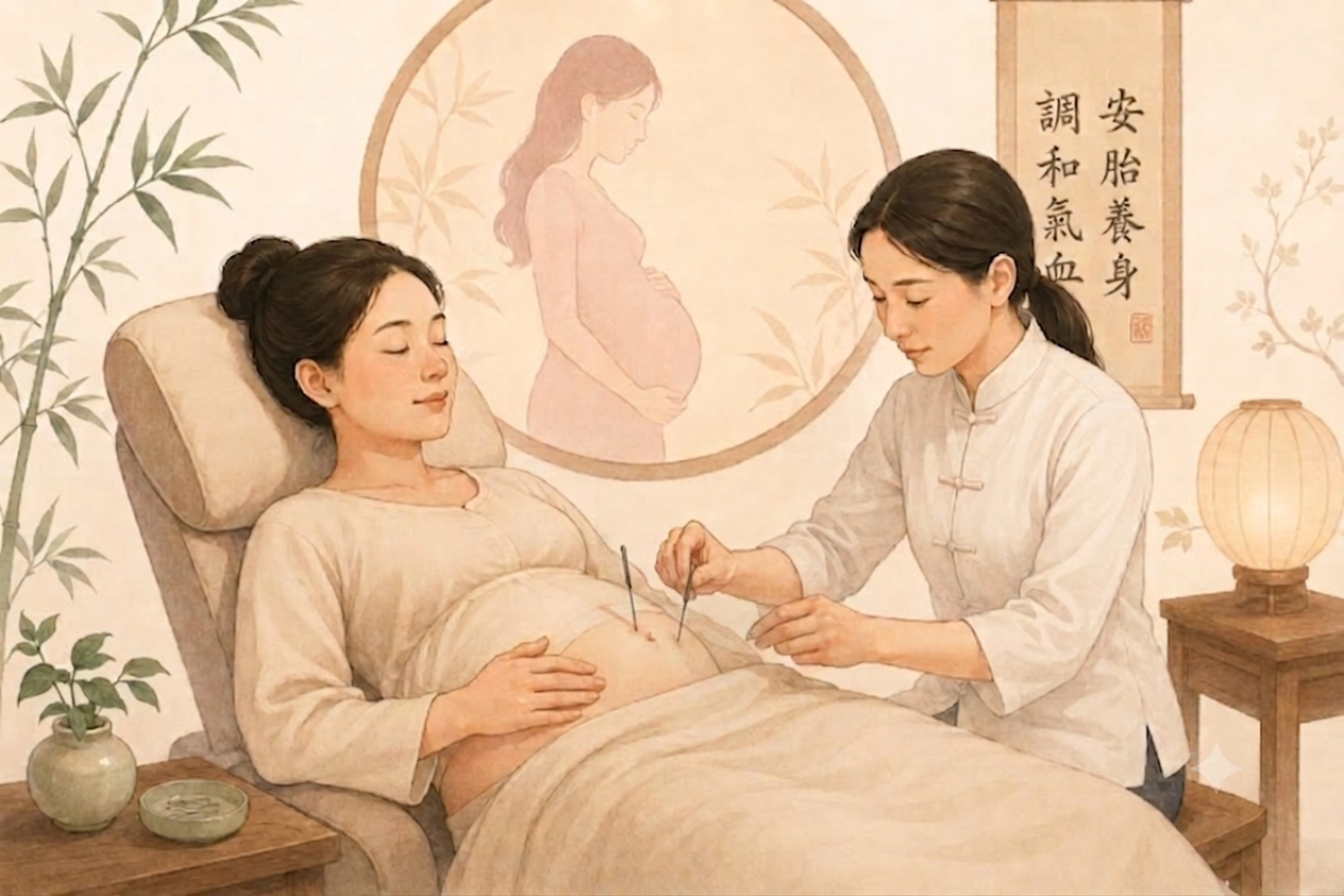 Acupuncture during pregnancy illustration showing gentle pregnancy care and Traditional Chinese Medicine support