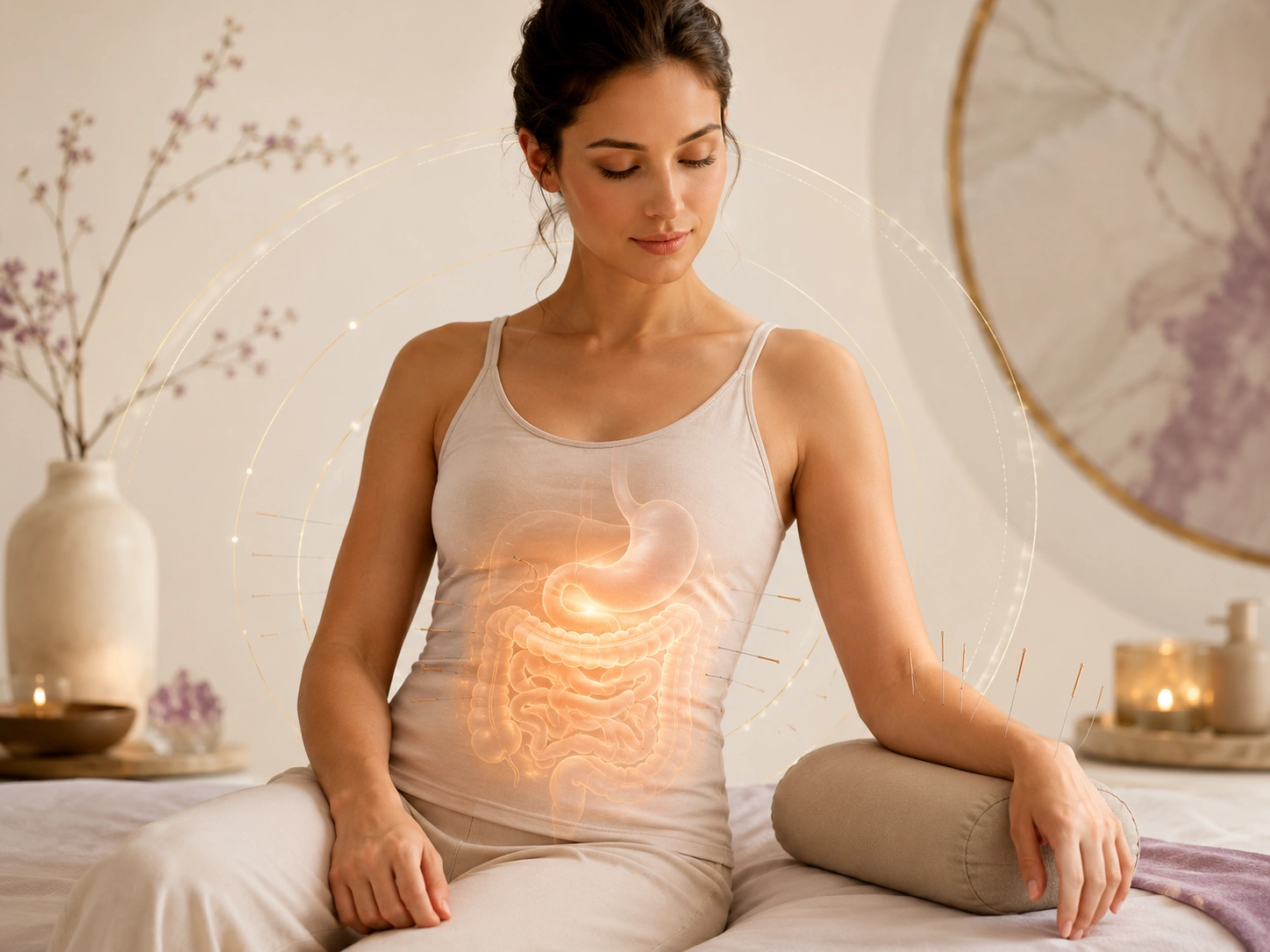 Acupuncture for digestive health illustration showing Traditional Chinese Medicine support for digestion, bloating and abdominal comfort