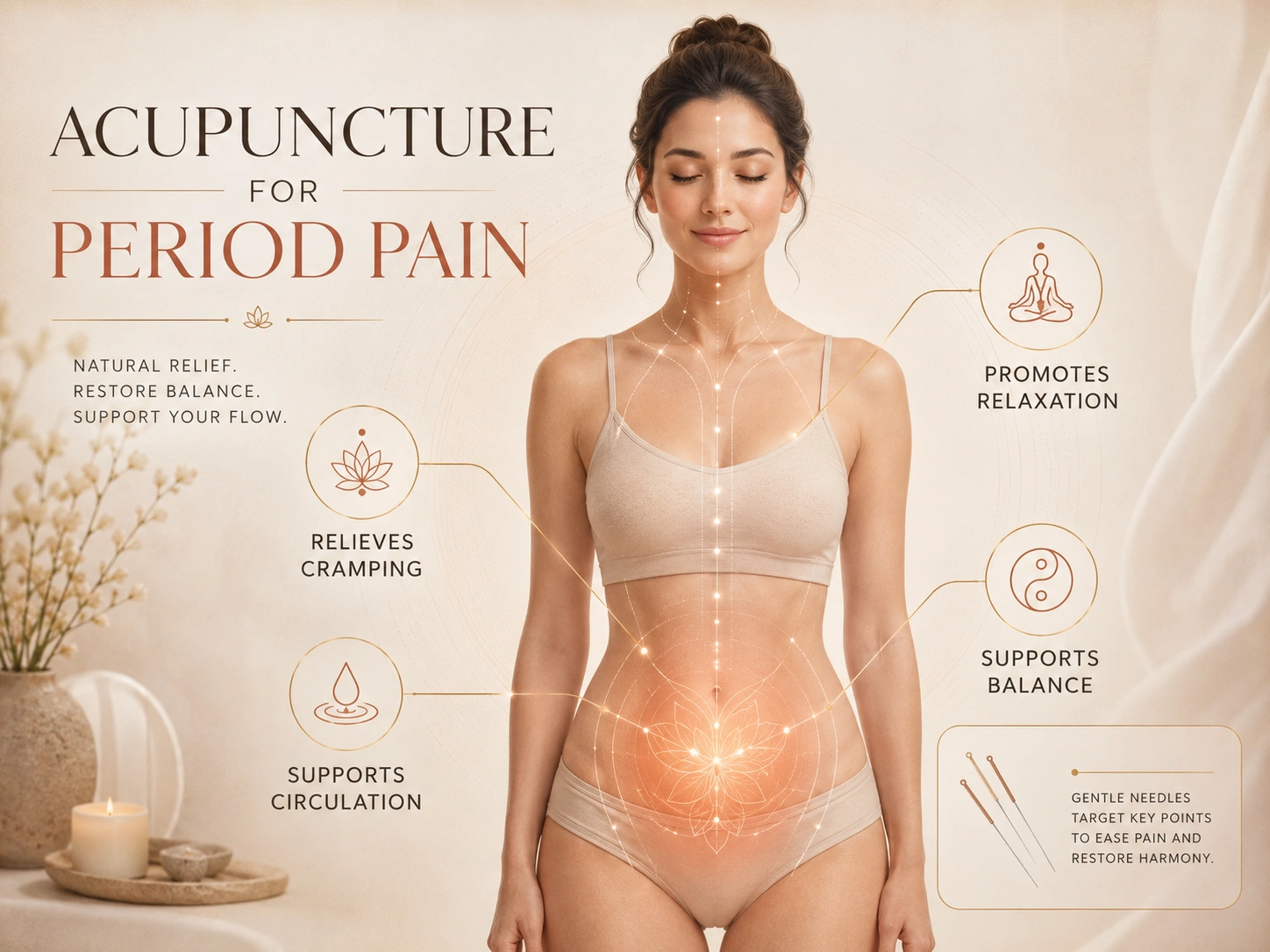 Acupuncture for period pain illustration showing menstrual cramp support and women’s health care