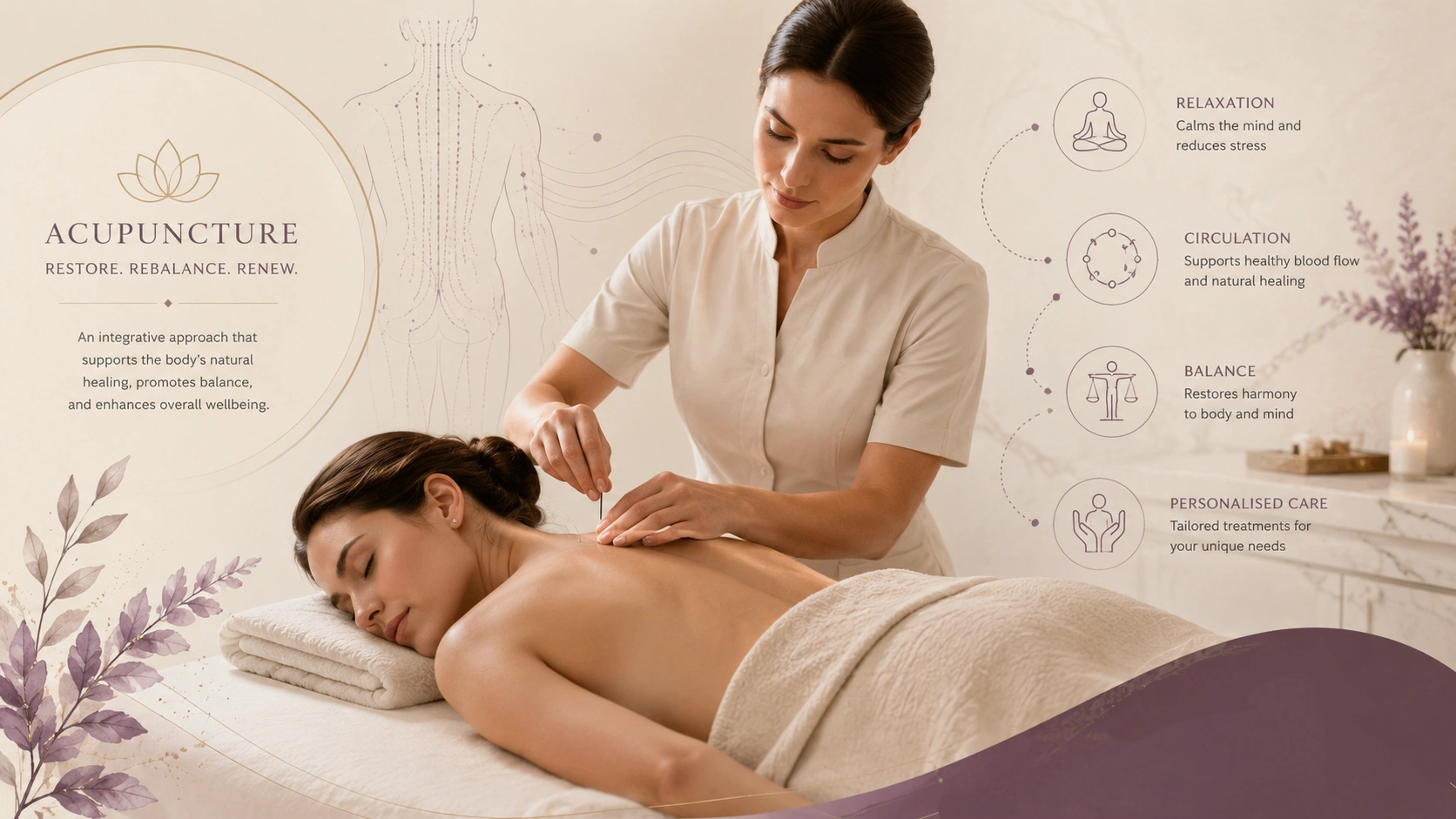 Acupuncture for sleep support illustration showing relaxation, restful sleep and Traditional Chinese Medicine care