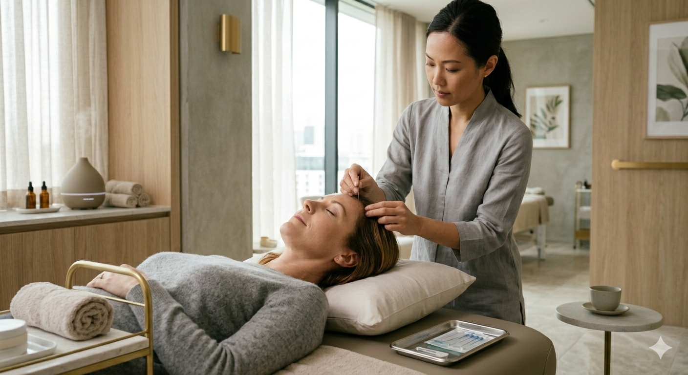 Migraine relief illustration showing acupuncture support for headaches