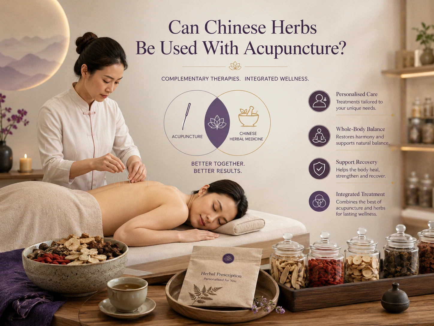 Chinese herbs and acupuncture illustration showing combined Traditional Chinese Medicine care and personalised treatment planning