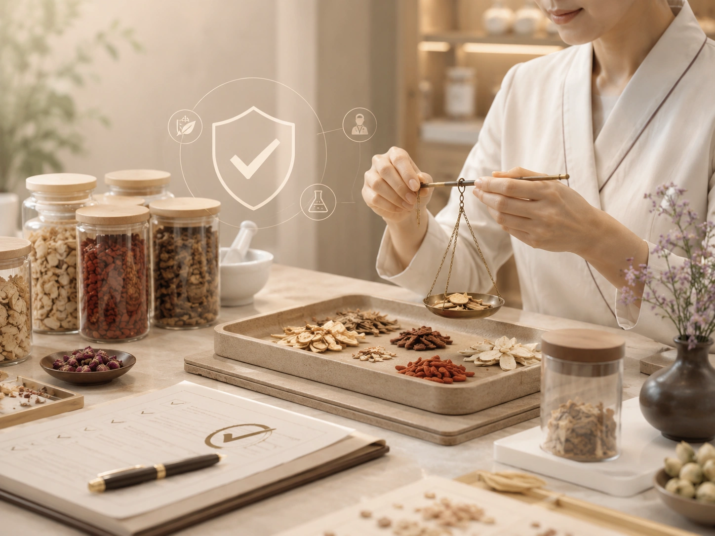 Chinese herbal medicine safety illustration showing qualified practitioner consultation, herbal prescription and patient care