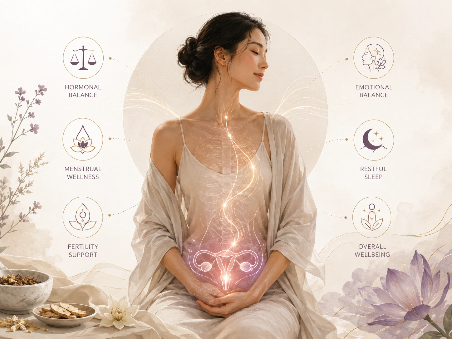 Chinese Medicine for women’s health illustration showing menstrual cycle support and holistic wellbeing