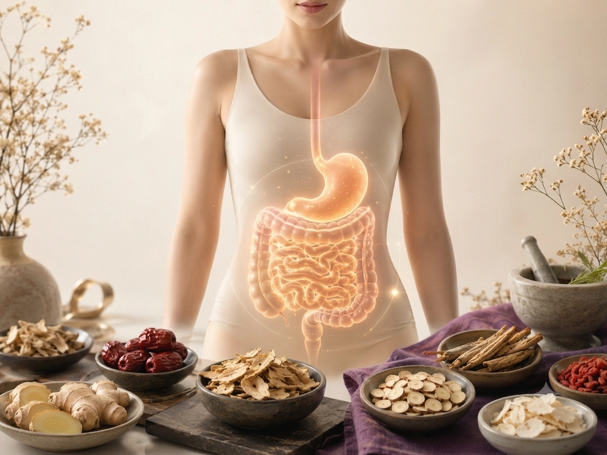 Chinese herbal medicine for digestive health illustration showing herbal support for digestion and abdominal comfort