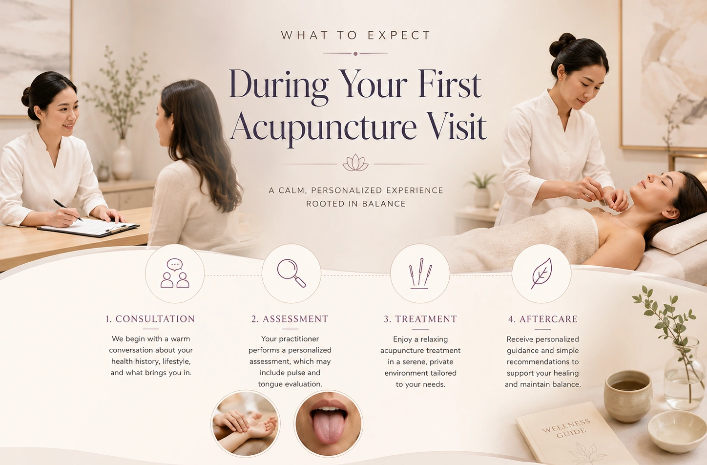 First acupuncture visit illustration showing consultation, assessment and gentle acupuncture treatment