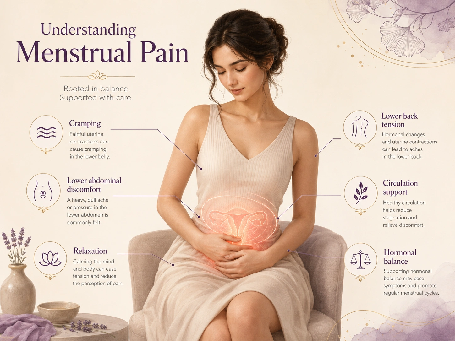 Menstrual pain illustration showing pelvic discomfort and women’s health support