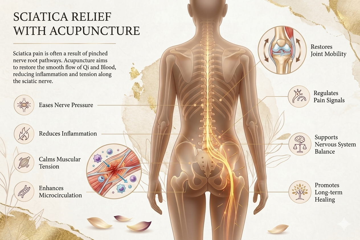 Sciatica nerve pathway illustration showing lower back and leg pain