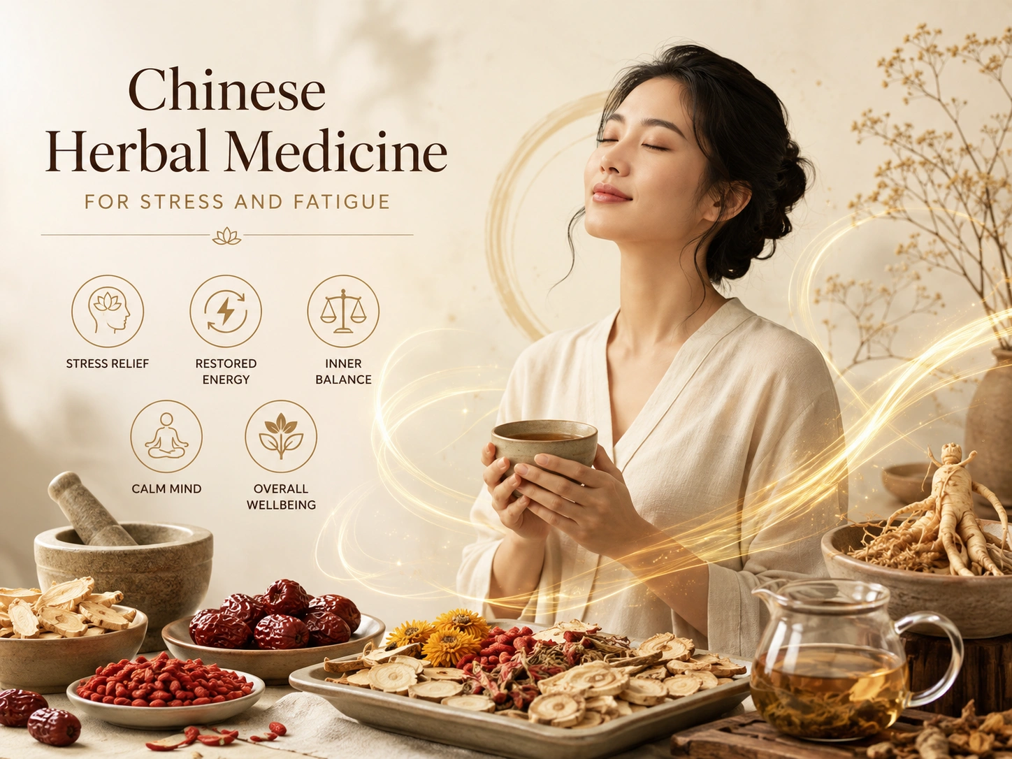 Chinese herbal medicine for stress and fatigue illustration showing herbal support, relaxation and energy balance