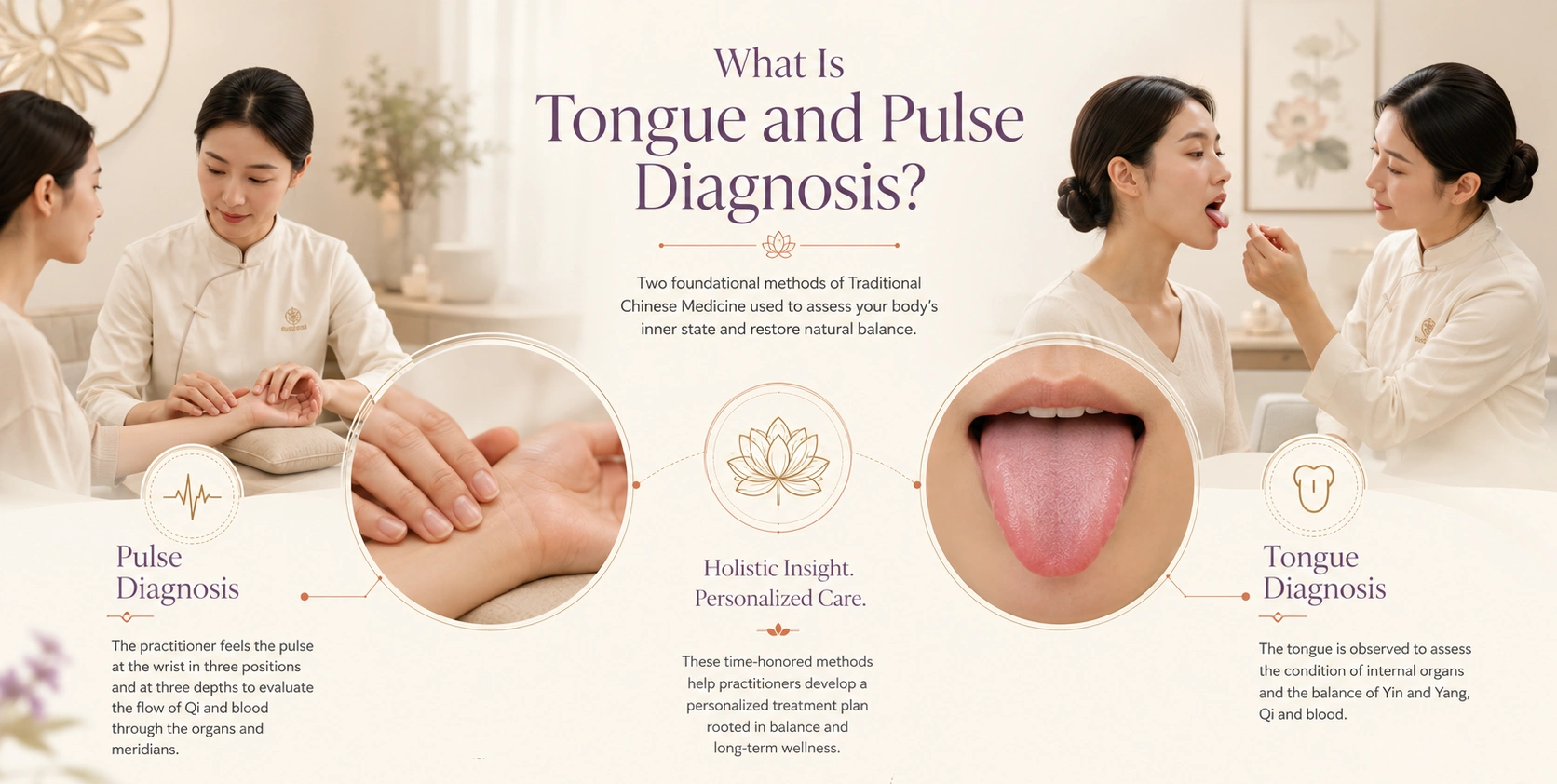 Tongue and pulse diagnosis illustration showing Traditional Chinese Medicine assessment and personalised care