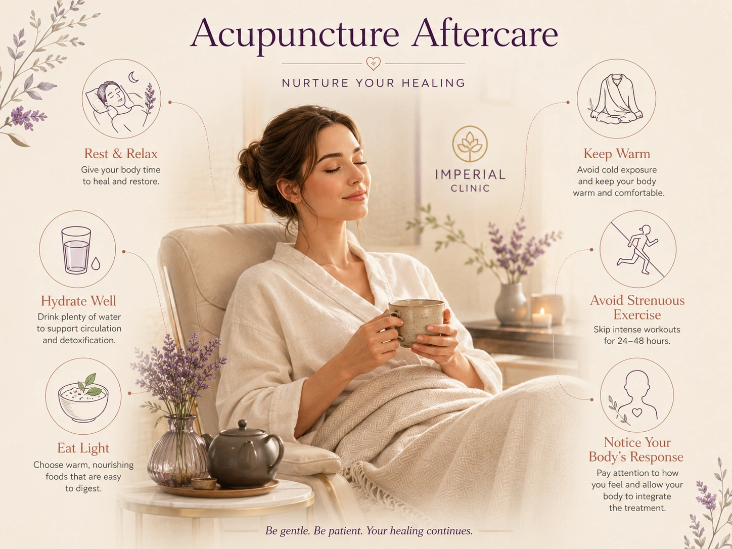 Acupuncture aftercare illustration showing rest, hydration and gentle wellness support after treatment