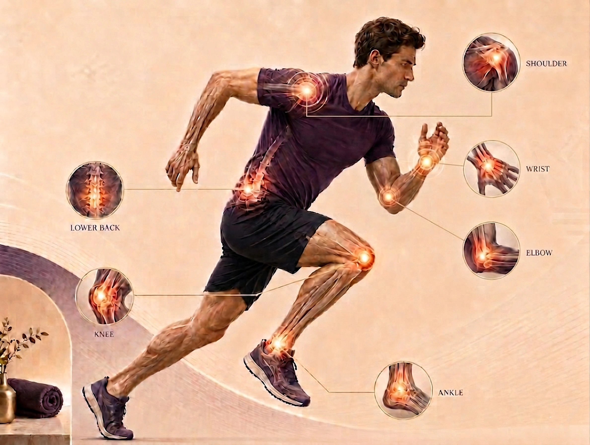 Sports injury illustration showing acupuncture support for muscle pain and recovery